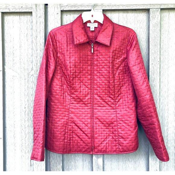 Talbots Quilted Jacket Size 10 Raspberry Red w Dots, Full Zip Lightweight Spring - Picture 1 of 6